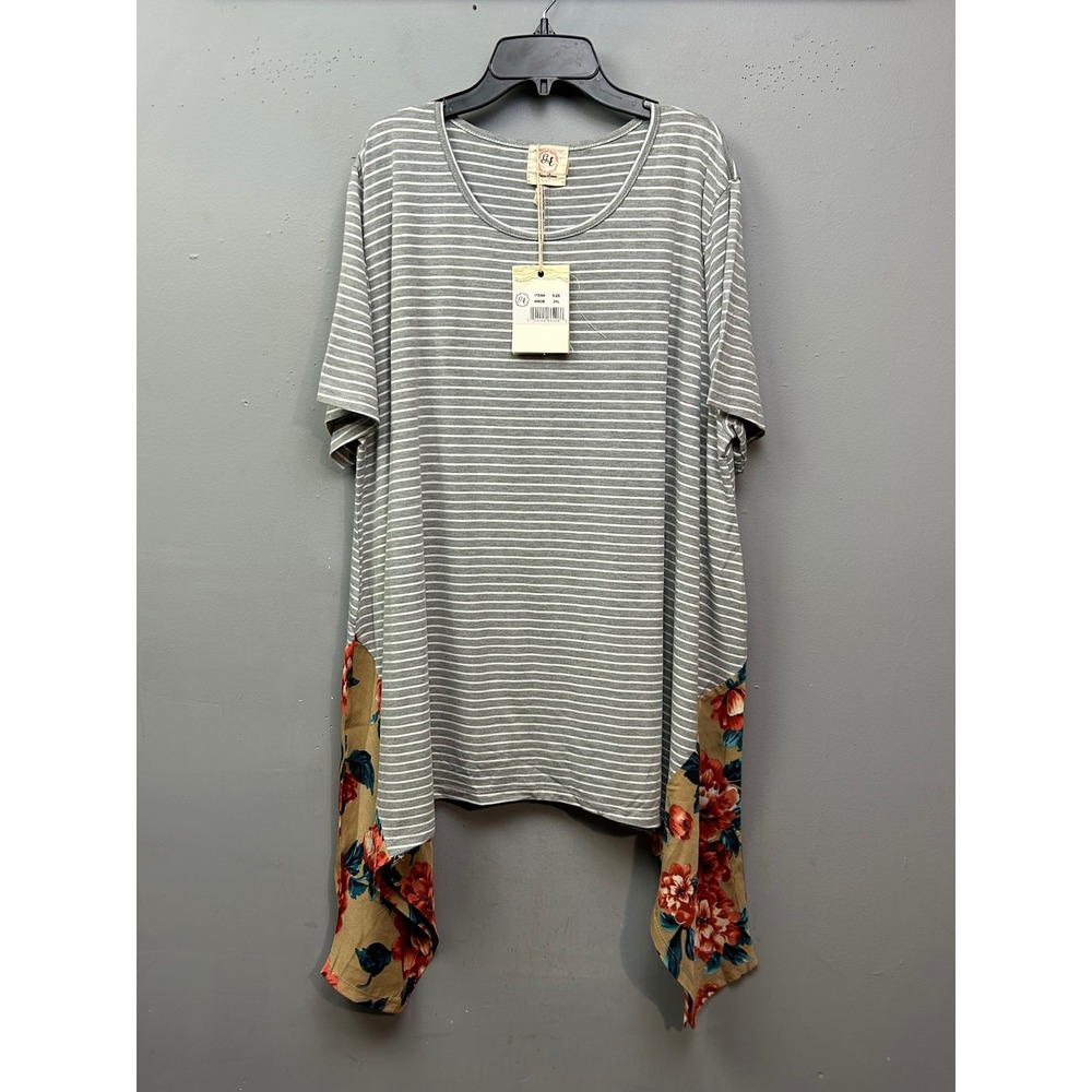 Grace & Emma Top Womens 3XL Tunic Grey White Striped Floral Contrast‎ NWT